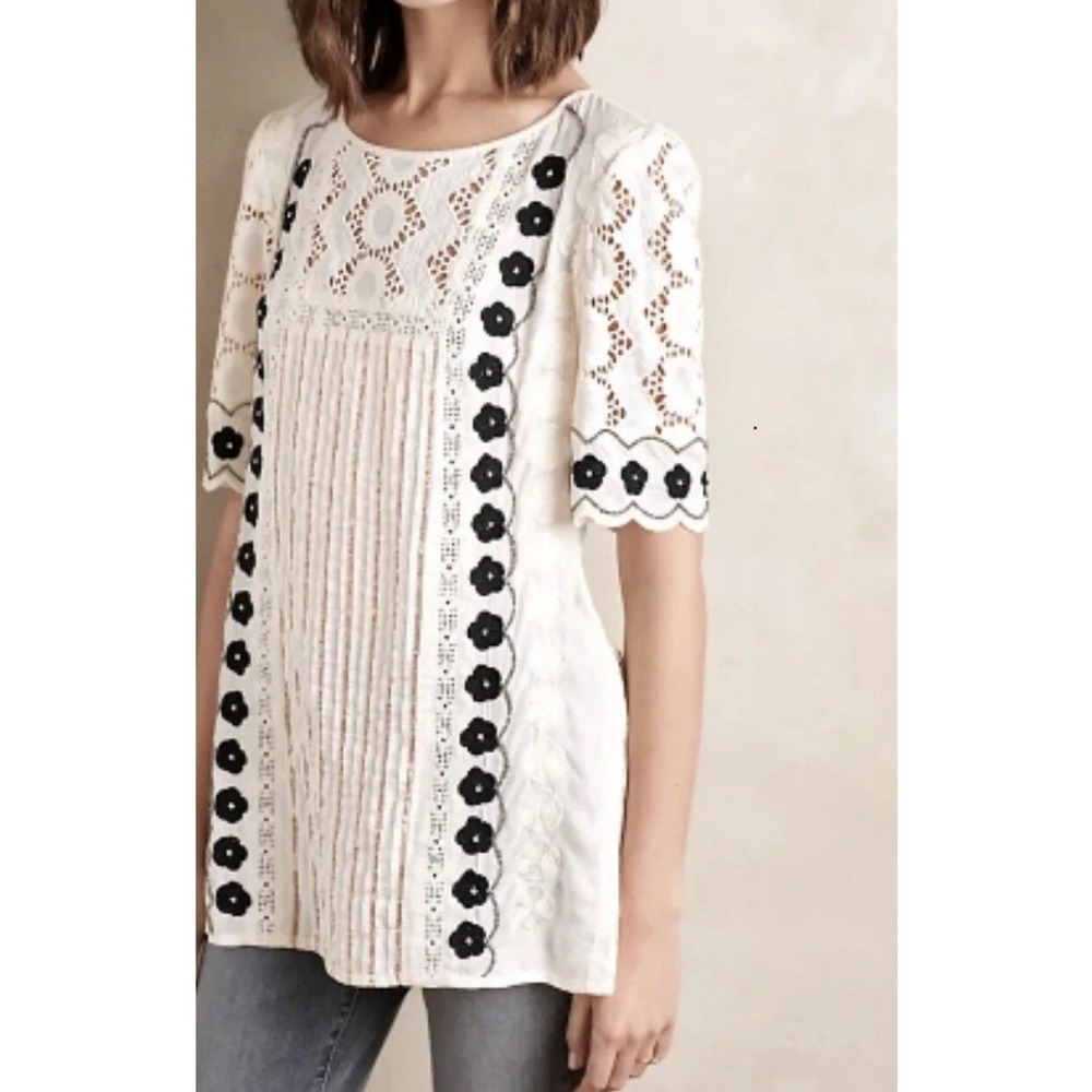Anthropologie Floreat Tunic Blouse Womens 4 Ivory Black Floral Lace Embroidered